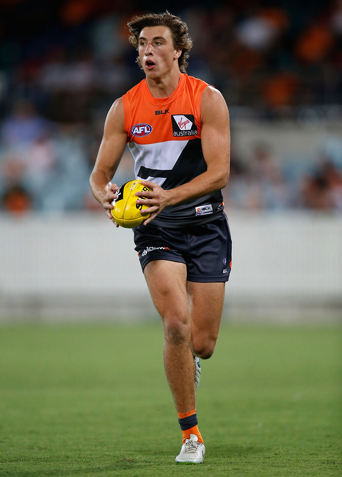 AFL 2016 NAB Challenge - GWS Giants v Western Bulldogs CANBERRA, AUSTRALIA - FEBRUARY 25: Caleb Marchbank of the Giants in action during the 2016 NAB Challenge match between the GWS Giants and the Western Bulldogs at the Manuka Oval, Canberra on February 25, 2016. (Photo by Michael Willson/AFL Media)